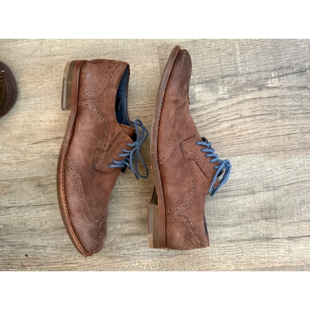 Mens Brown Leather Wingtip Oxford Dress Shoes‎ Blue Laces Casual Classic Style